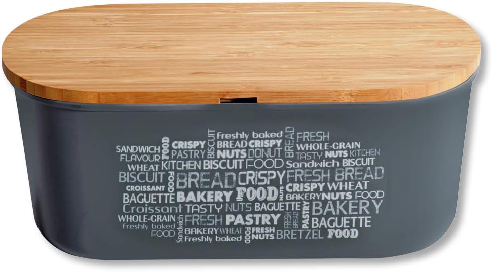 Kesper 58501 Bread Box with Dual‑Sided Bamboo Lid, Gray, Dishwasher Safe