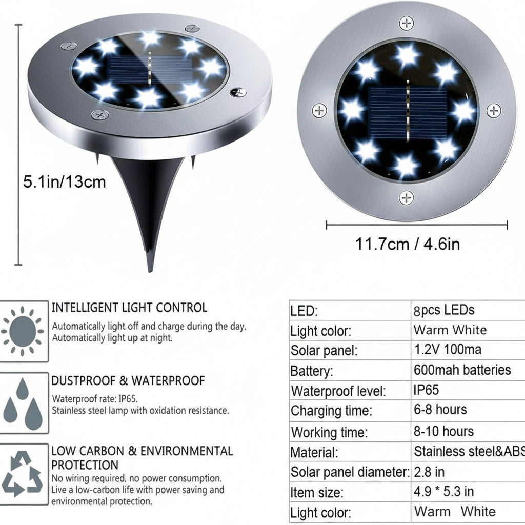 12-Pack Solar Ground Lights 8 LED Warm White IP65 Garden Pathway