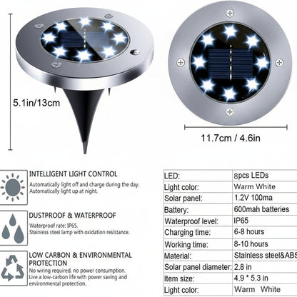 12-Pack Solar Ground Lights 8 LED Warm White IP65 Garden Pathway