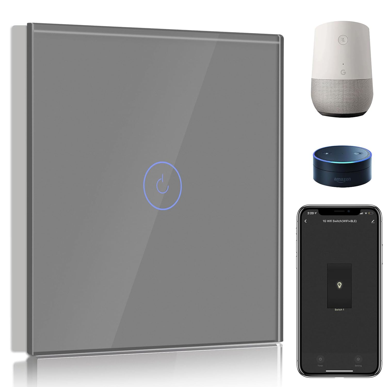 BSEED Smart Light Switch 1 Gang 1 Way Wi-Fi Touch Compatible with Alexa Google Home Grey