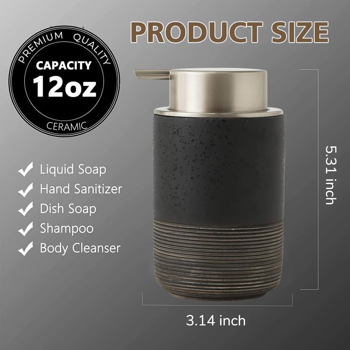 Ceramic Foam Hand Soap Dispenser 12oz Countertop Refillable Pump