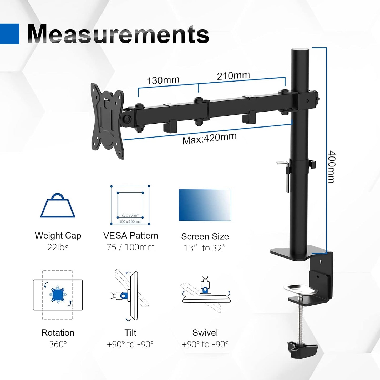 GRIFEMA GB2001-1 Single Monitor Arm for 13-32 Inch Screens Full Motion Adjustable