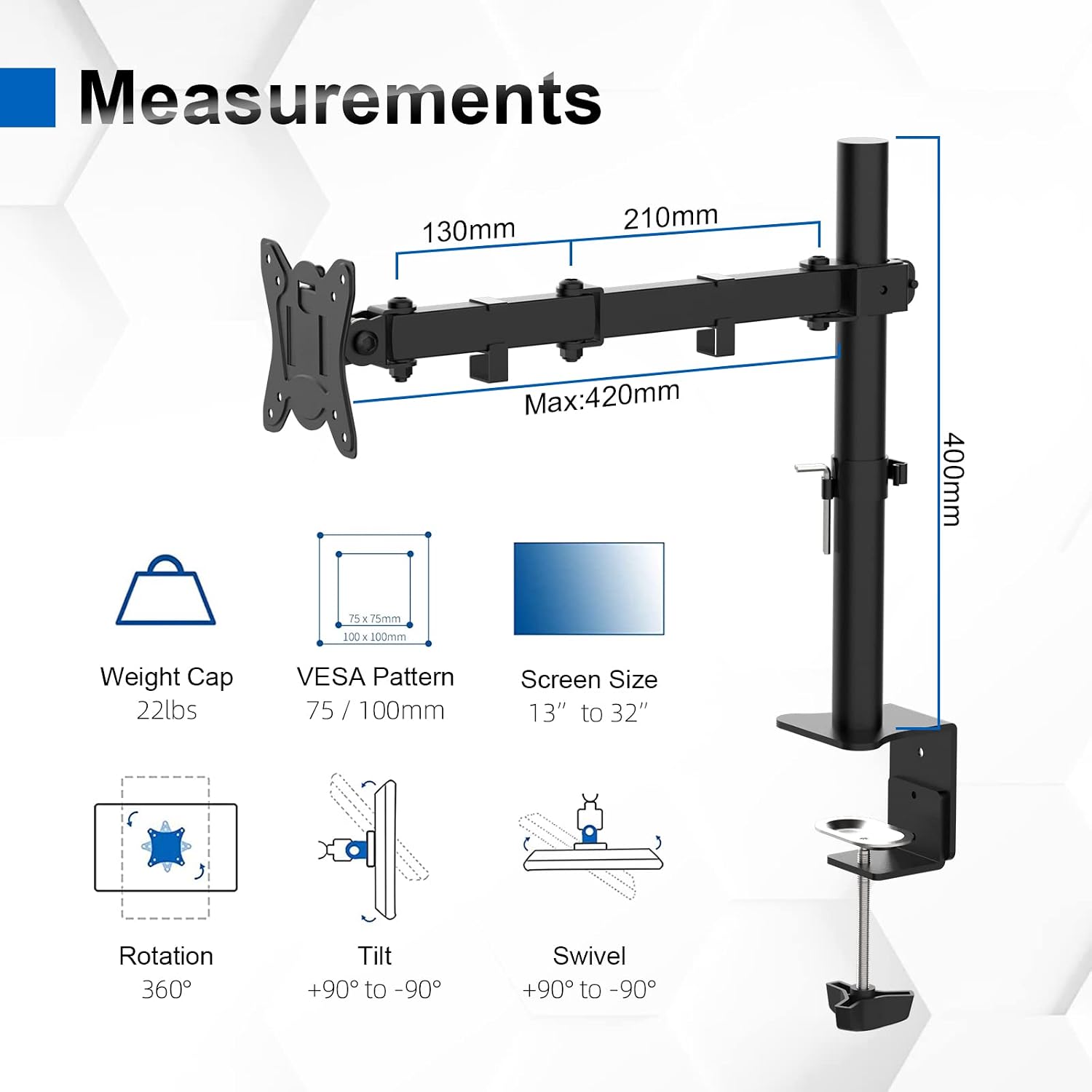 GRIFEMA GB2001-1 Single Monitor Arm for 13-32 Inch Screens Full Motion Adjustable
