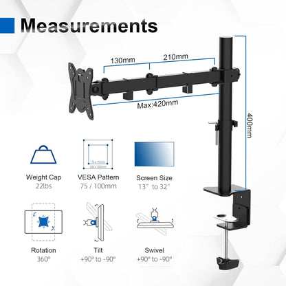 GRIFEMA GB2001-1 Single Monitor Arm for 13-32 Inch Screens Full Motion Adjustable
