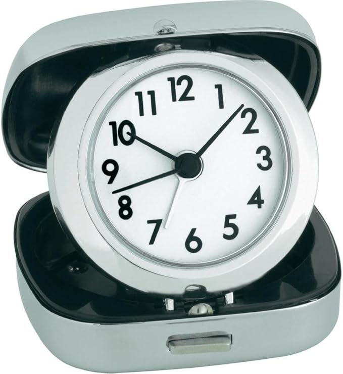 TFA Dostmann Analogue Travel Alarm Clock with Metal Box – Silver Compact Design