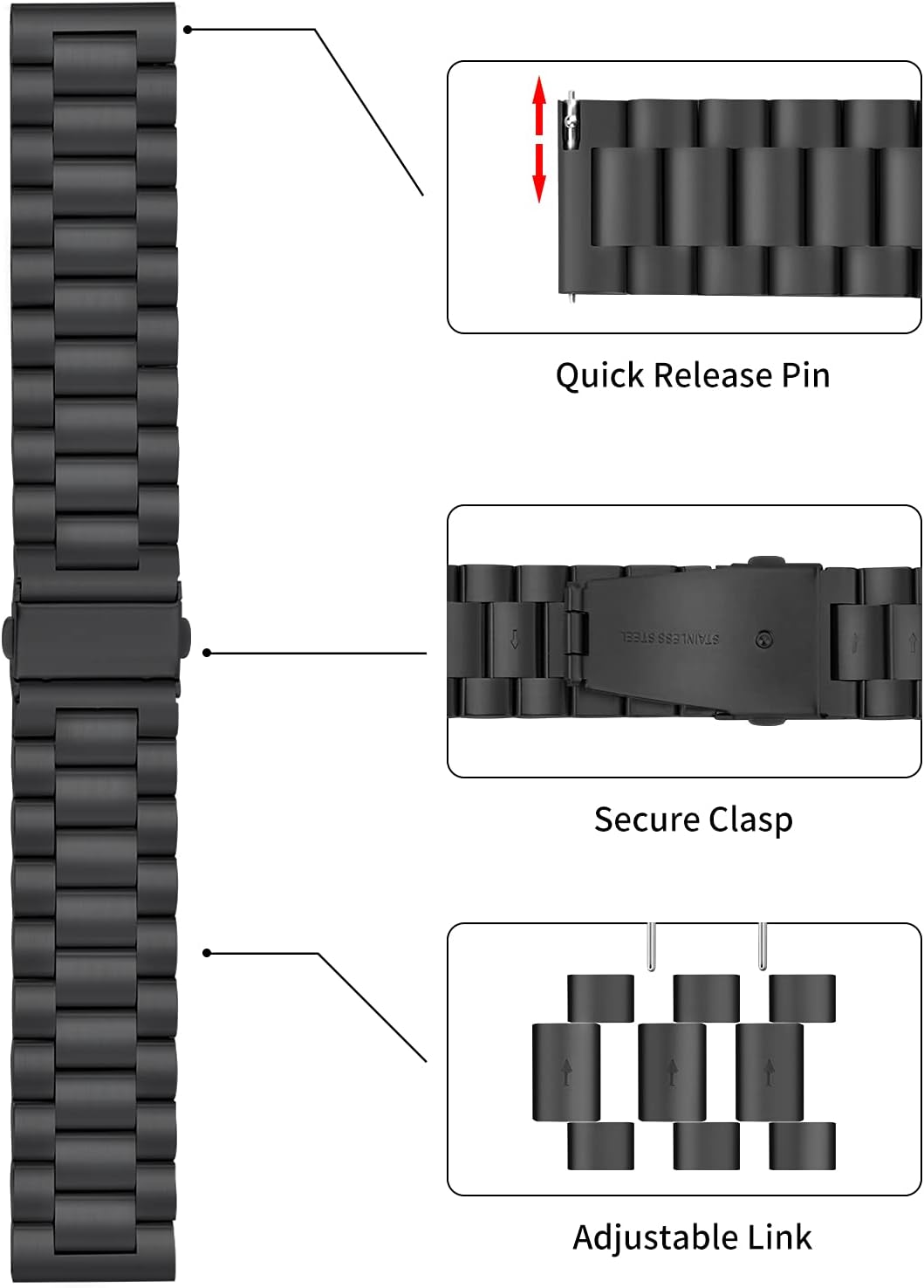 TStrap MB19-BK Stainless Steel Watch Band Black
