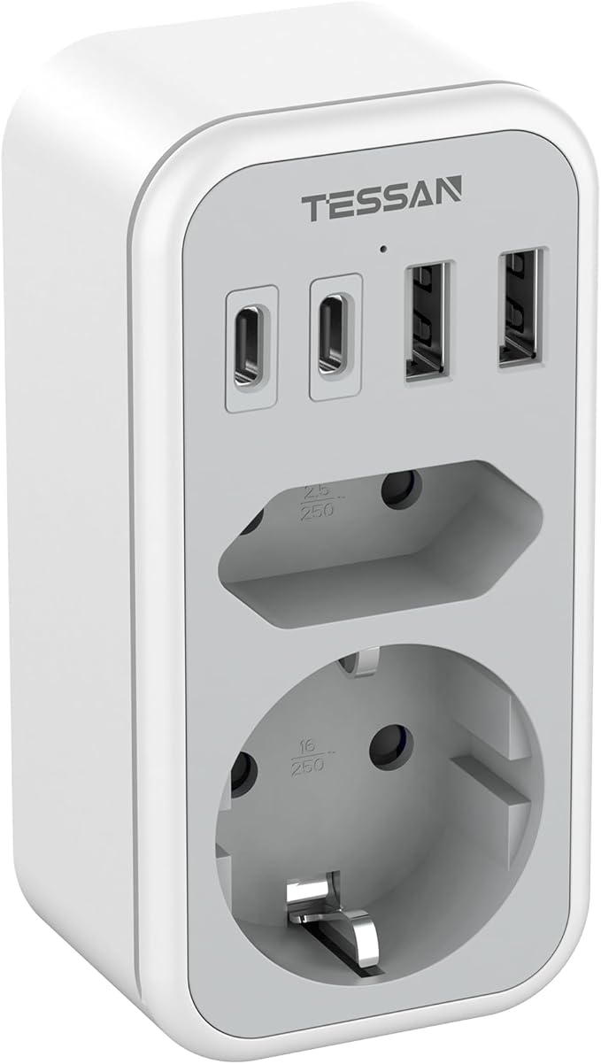 TESSAN 6-in-1 Double Plug Power Adapter with USB-C Grey