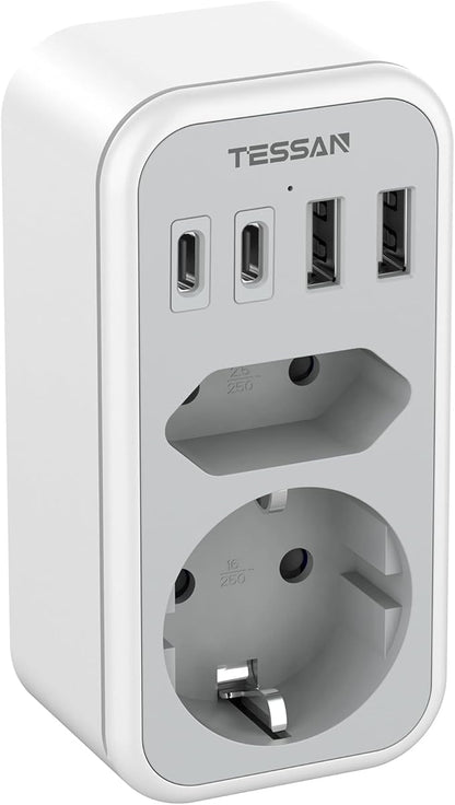 TESSAN 6-in-1 Double Plug Power Adapter with USB-C Grey