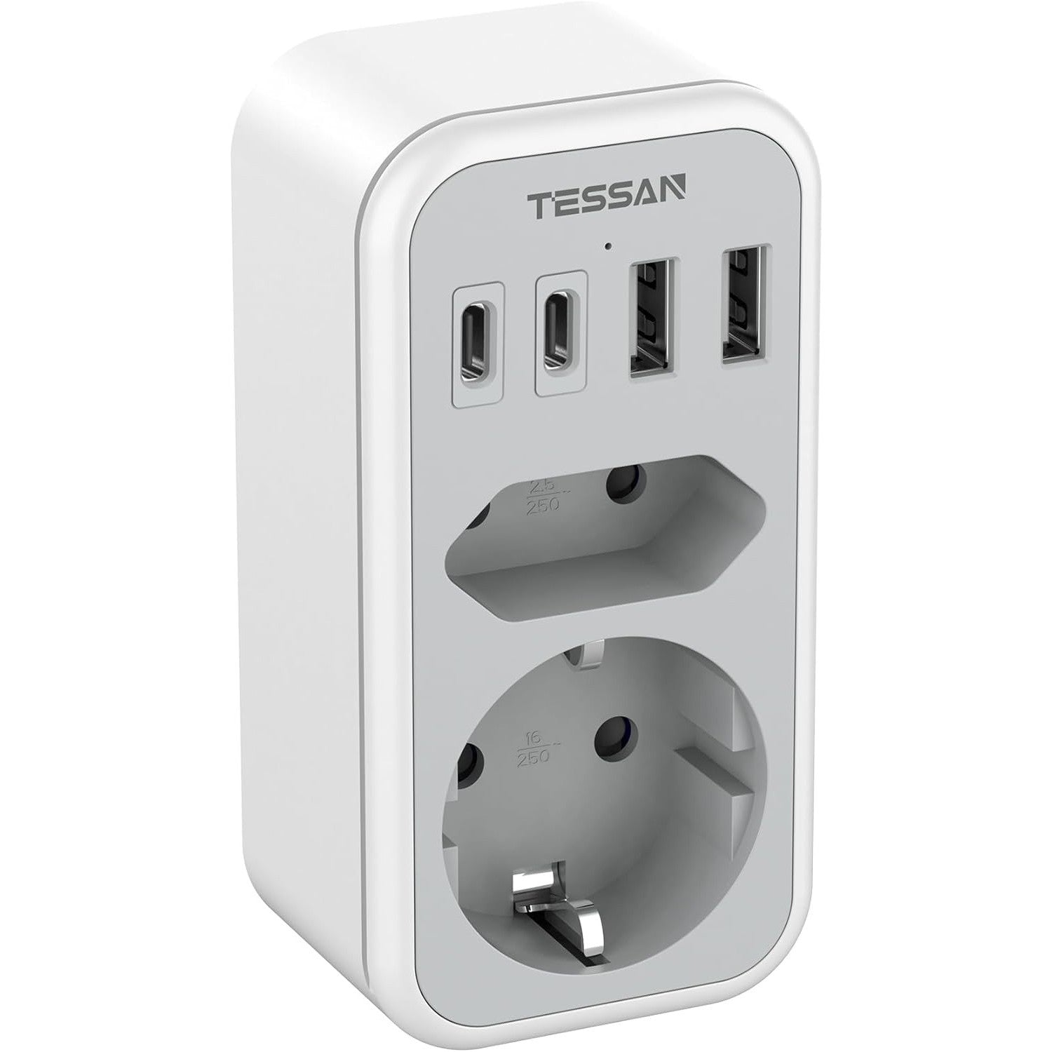 TESSAN 6-in-1 Double Plug Power Adapter with USB-C Grey