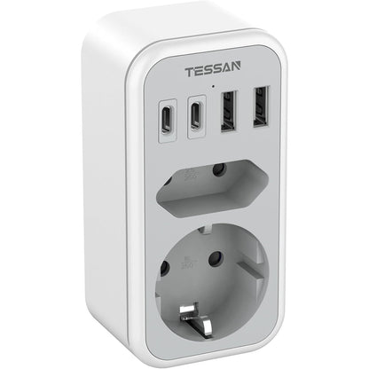 TESSAN 6-in-1 Double Plug Power Adapter with USB-C Grey