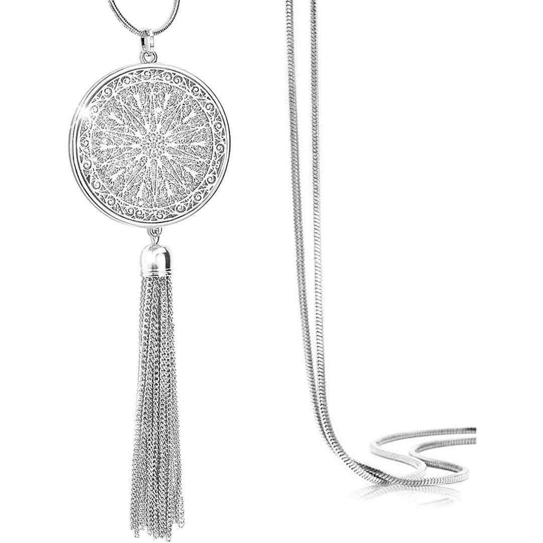 Elegant Long Tassel Necklace Hollow Disc Circle Heart Pendant Sweater Chain for Women