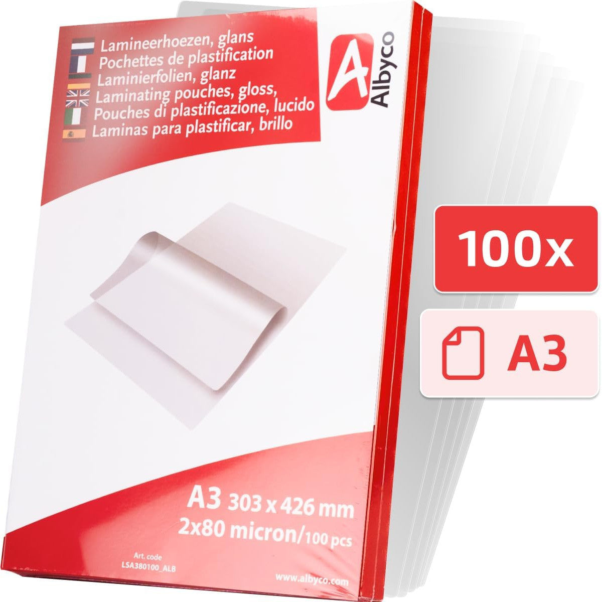 Albyco A3 Glossy Laminating Pouches 160 Micron Pack of 100