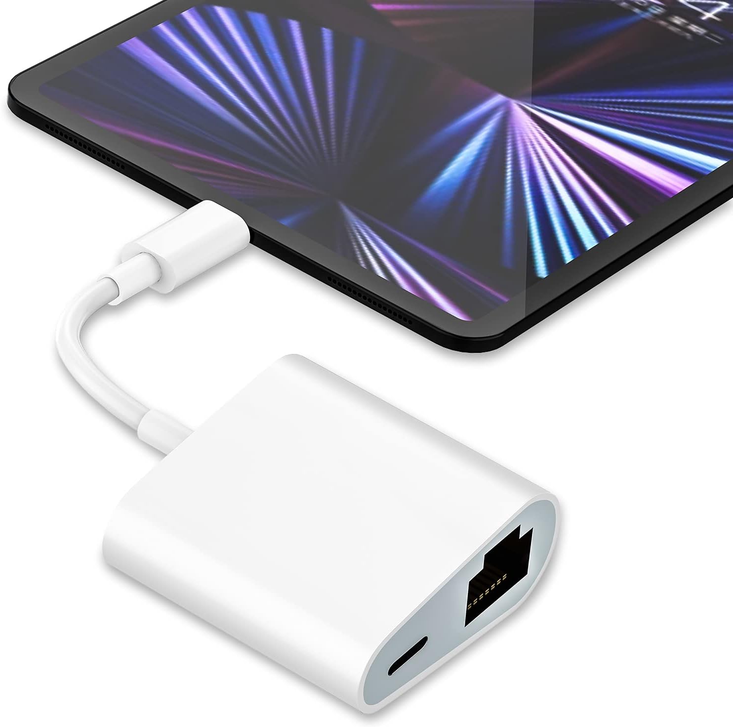DESOFICON Lightning to Ethernet Adapter 2-in-1 RJ45 LAN Network with Charging Port for iPhone iPad White