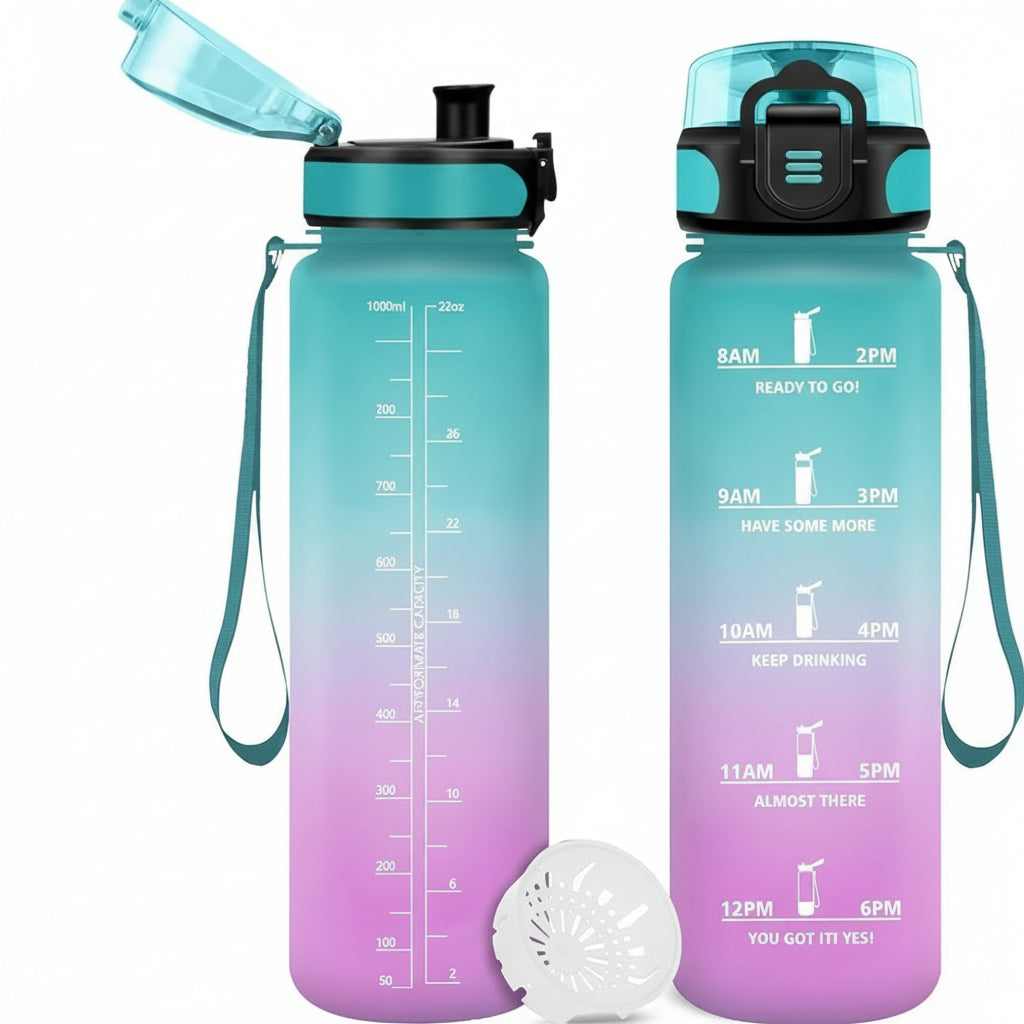 KollyKolla 1 Litre Leak-Proof Sports Water Bottle with Time Markings and Carry Handle