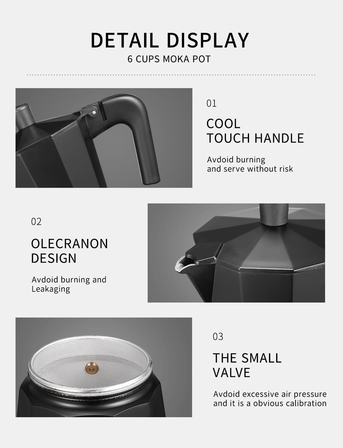 VINATO Premium 6‑Cup Aluminium Stovetop Espresso Maker Black