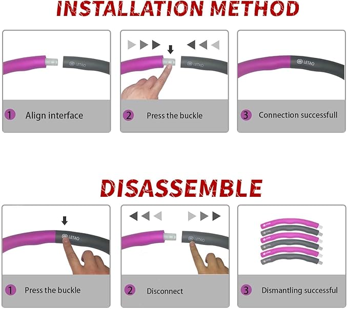 Step-by-step guide on how to install and disassemble a purple and gray hose with LEMO branding.