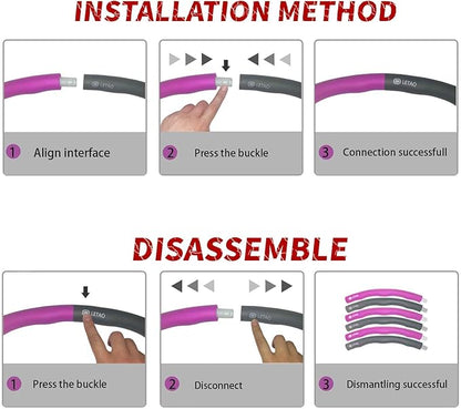 Step-by-step guide on how to install and disassemble a purple and gray hose with LEMO branding.