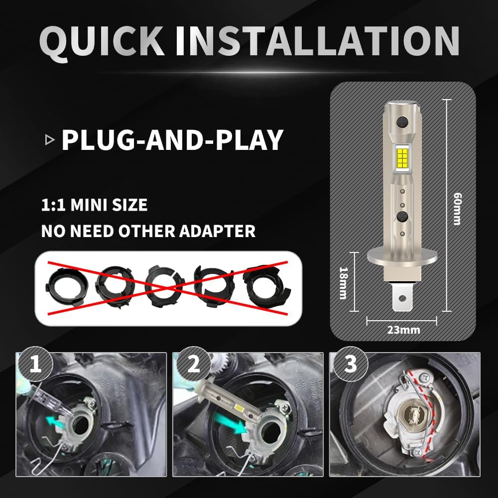 KaiDengZhe H1 LED Headlight Bulbs 90W 18000LM 6500K Cool White Mini Design Halogen Replacement Pack of 2