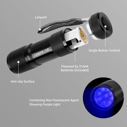 Lepro LE UV Torch 9 LED 395nm Ultraviolet Flashlight Blacklight Detector for Pet Urine Stain Bed Bugs