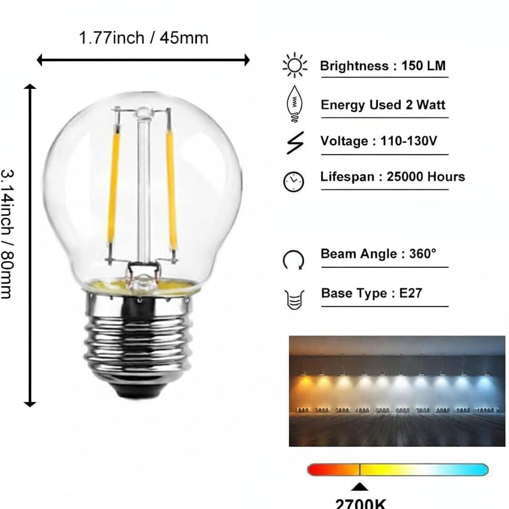 OIXXAF BulbrightG45-2 LED Edison Bulb E26 Dimmable 2700K Warm White