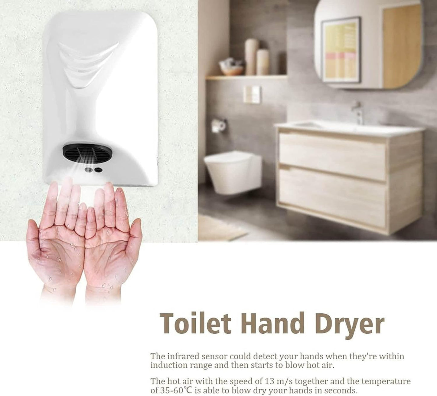 600W Portable Hand Dryer Automatic Commercial Induction Wall-Mounted Bathroom Dryer White