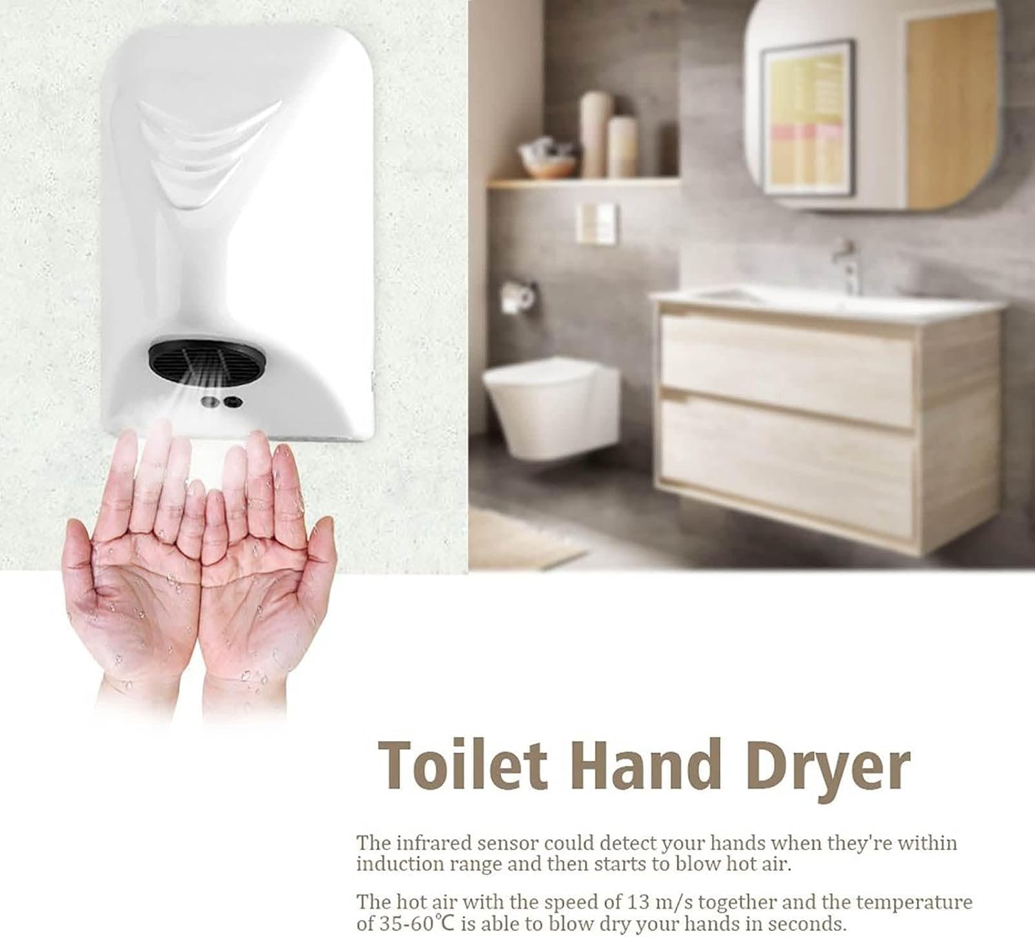 600W Portable Hand Dryer Automatic Commercial Induction Wall-Mounted Bathroom Dryer White