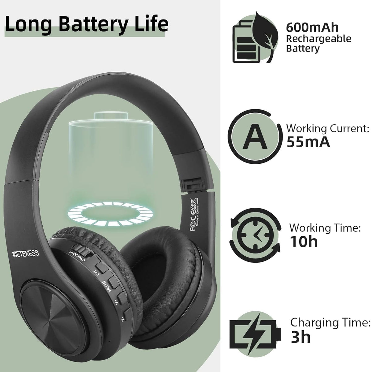 Retekess TA005 Wireless Over-Ear TV Headphones with Transmitter Black