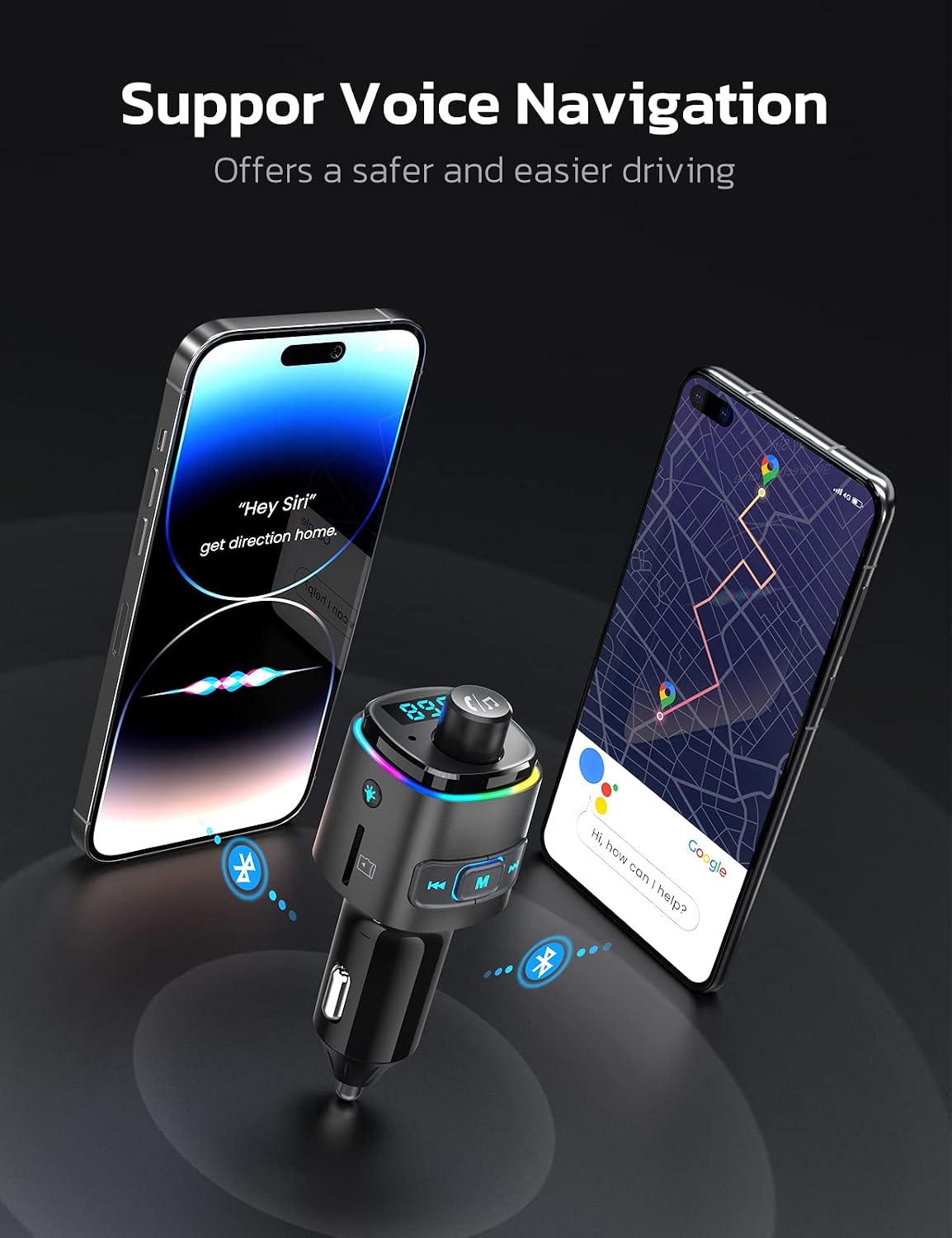 Nulaxy Bluetooth 5.0 FM Transmitter QC3.0 Car Charger Hands-Free Kit 7-Color LED Black