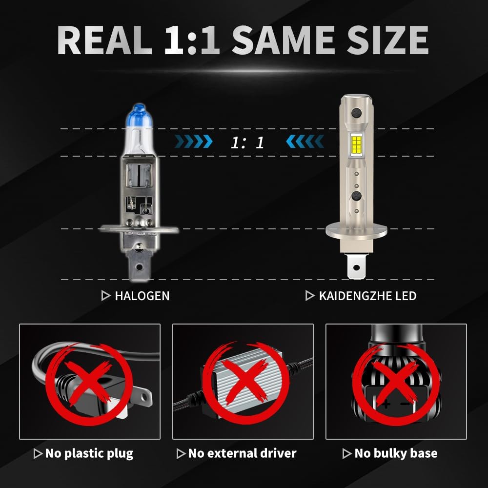 KaiDengZhe H1 LED Headlight Bulbs 90W 18000LM 6500K Cool White Mini Design Halogen Replacement Pack of 2
