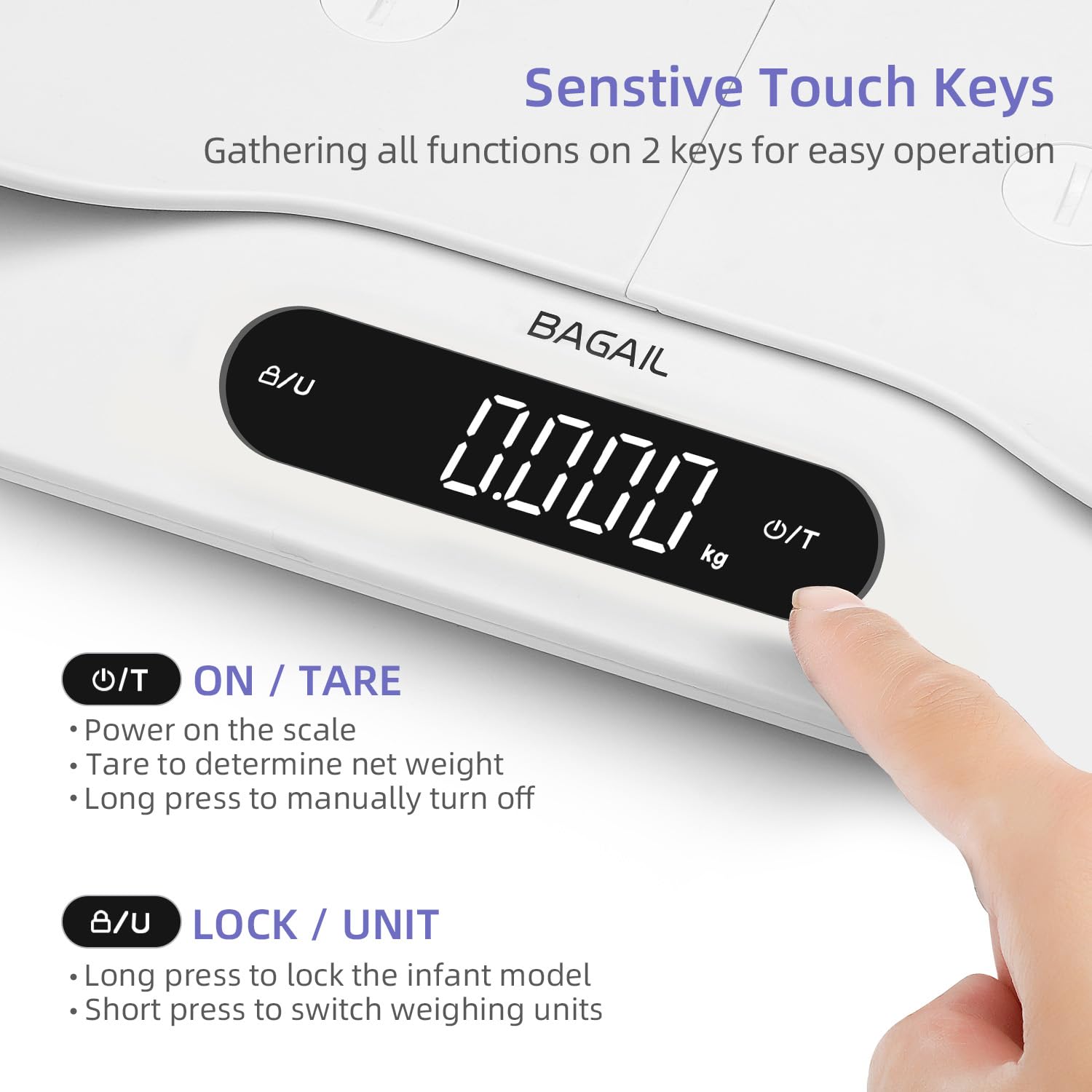 BAGAIL Baby Scale with Removable Tray Automatic Rotating Readings Tare Lock 180 kg