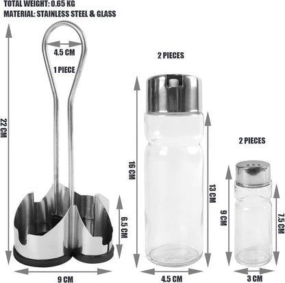 APS Complete Cruet Set: Stainless Steel Stand, Glass Oil, Vinegar, Salt, Pepper