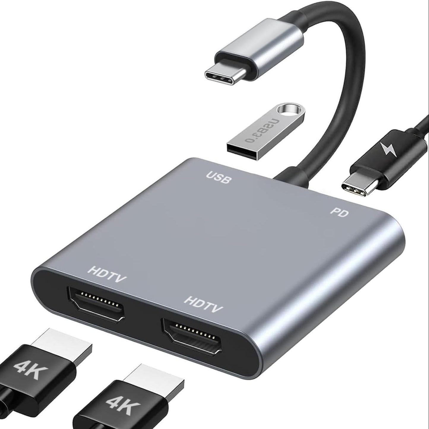 Luonanava USB-C auf Dual HDMI Adapter 4K@60Hz 4-in-1 Hub mit 100W PD und USB 3.0 Grau