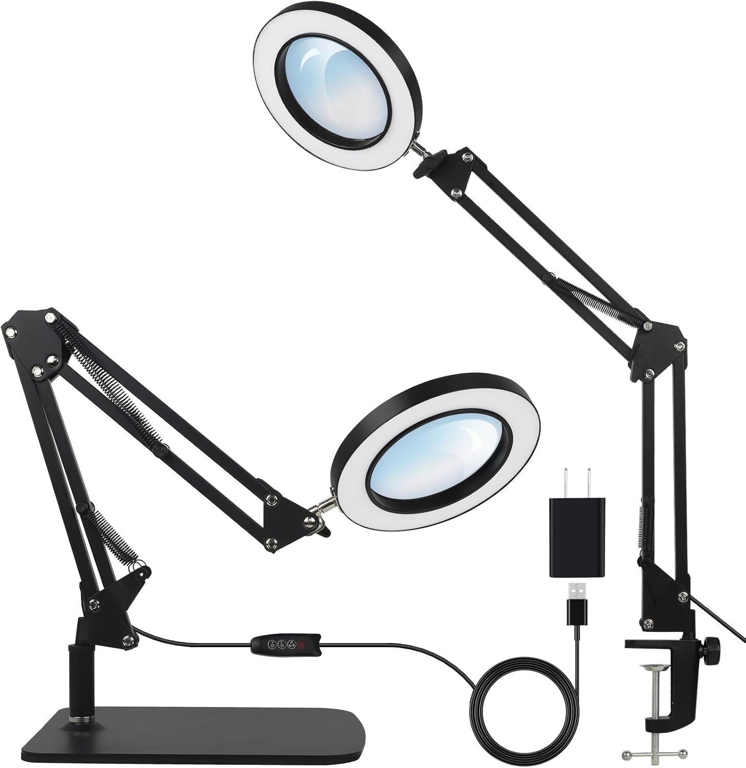 2-in-1 LED Magnifier Desk Lamp with Clamp, Adjustable Light, 2.25X Magnification
