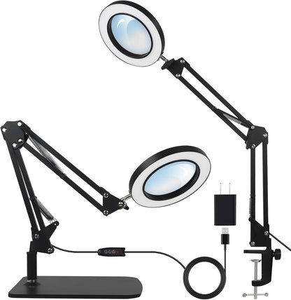 2-in-1 LED Magnifier Desk Lamp with Clamp, Adjustable Light, 2.25X Magnification