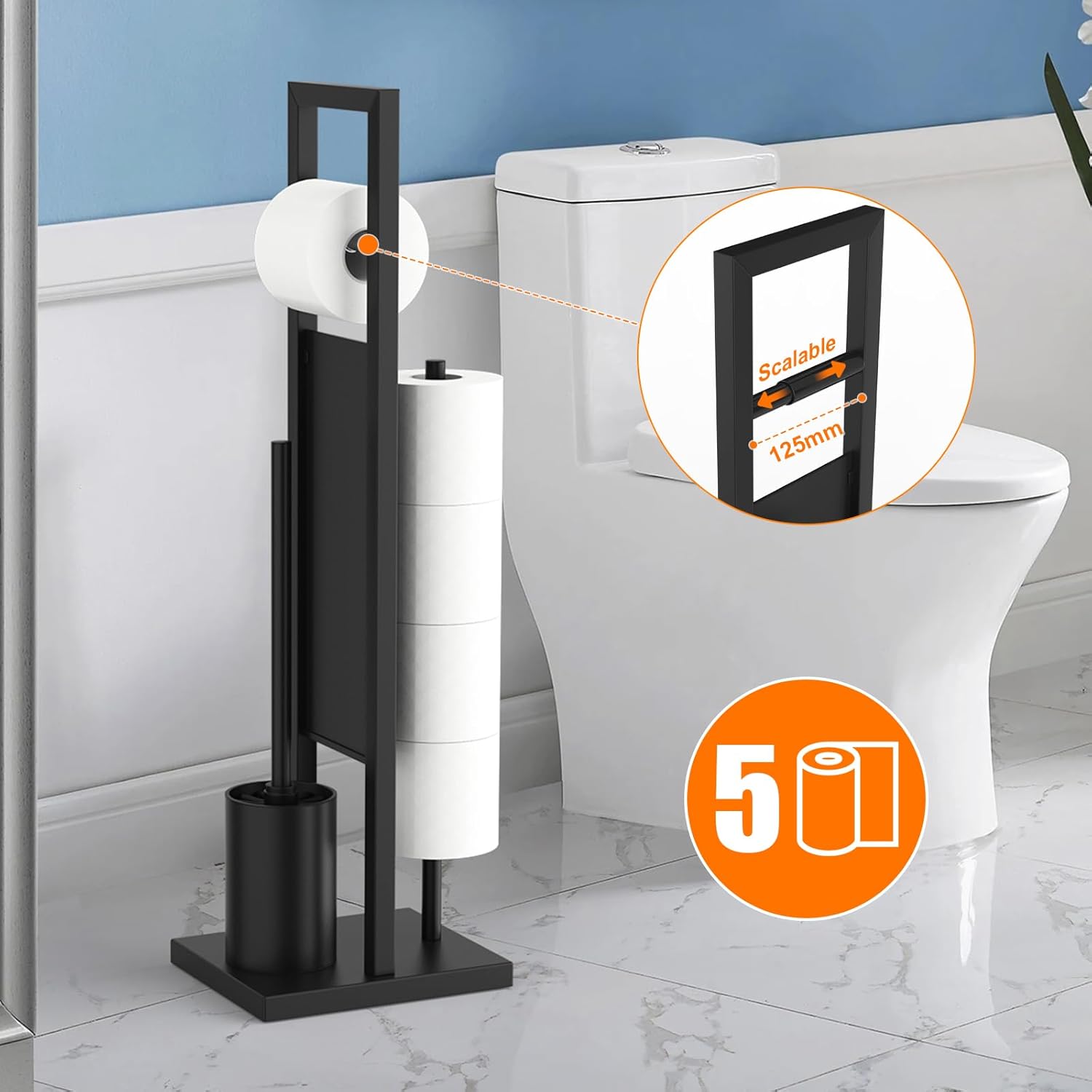 Ibergrif Black Freestanding Toilet Roll Holder with Brush Set