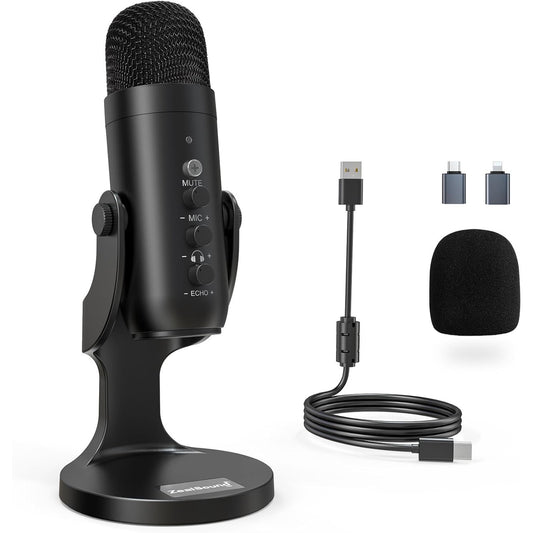 ZealSound K66 USB Condenser Microphone with Adjustable Gain, 360° Rotatable