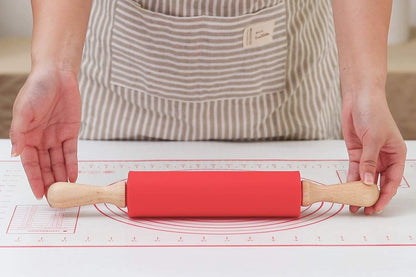 Donado Silicone Rolling Pin and Baking Mat Set with Measurements 38 cm Red