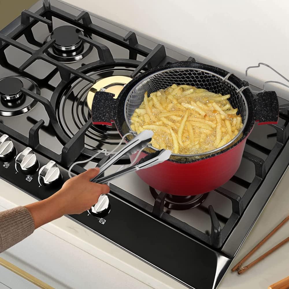 24cm Friteuse pour Frites avec Panier Faitout Induction en Aluminium avec Couvercle Verre Tous Feux