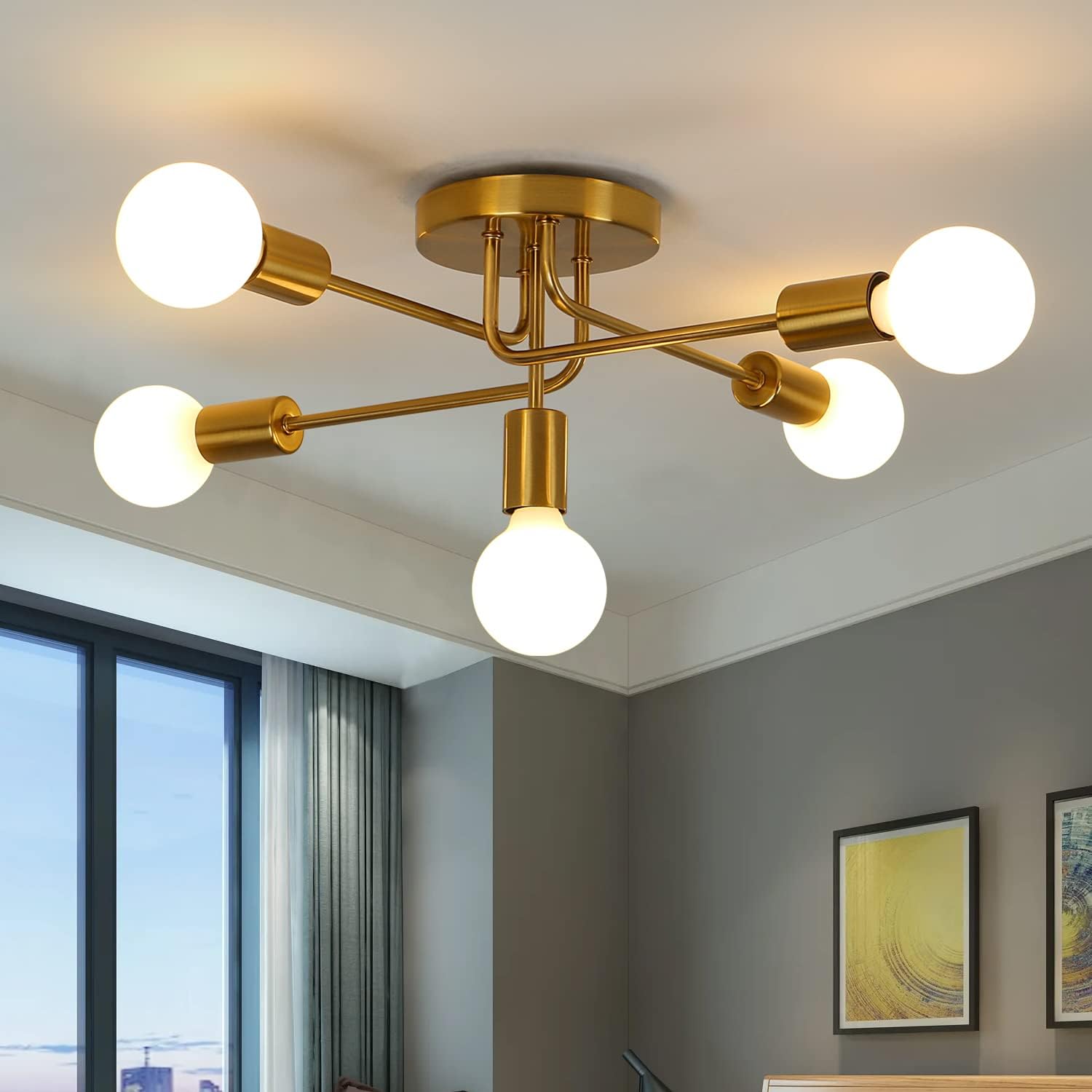 AUA Modern Gold Sputnik 5-Light Ceiling Chandelier for Living Spaces