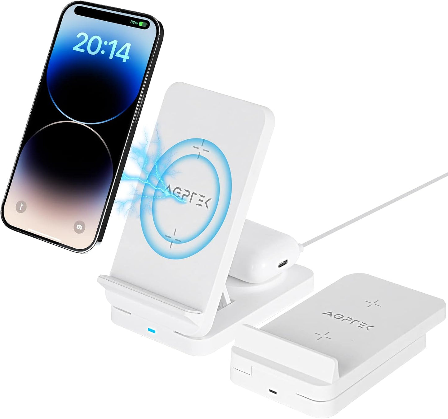 AGPTEK 3-in-1 Foldable Wireless Charging Station 15W for iPhone 15/14/13/12/Pro/11/XR/XS/X/8 Apple Watch AirPods Samsung Galaxy S23/S22/S21/S20/S10/S9/S8