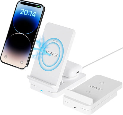 AGPTEK 3-in-1 Foldable Wireless Charging Station 15W for iPhone 15/14/13/12/Pro/11/XR/XS/X/8 Apple Watch AirPods Samsung Galaxy S23/S22/S21/S20/S10/S9/S8