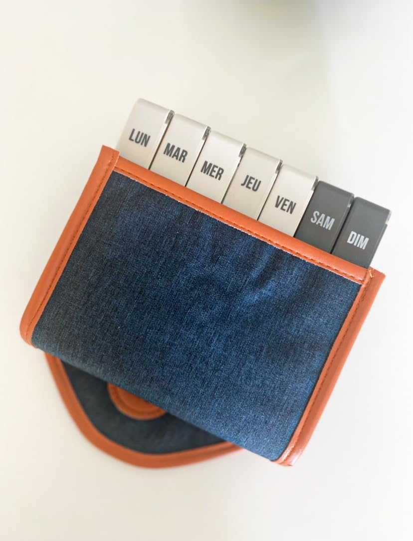 Blue Canvas Jumbo Weekly Pill Box with 7-Day Compartments