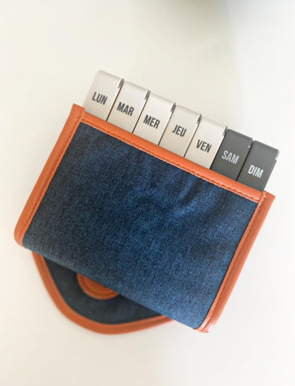 Blue Canvas Jumbo Weekly Pill Box with 7-Day Compartments