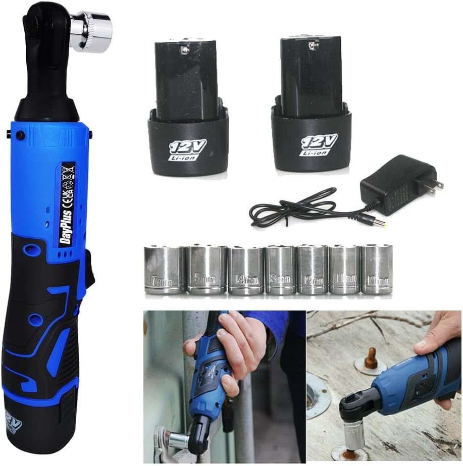 DayPlus 12V Battery Torque Wrench 3/8" Square Drive 40 Nm 2300 RPM 90° Right Angle 2 Batteries 7 Sockets