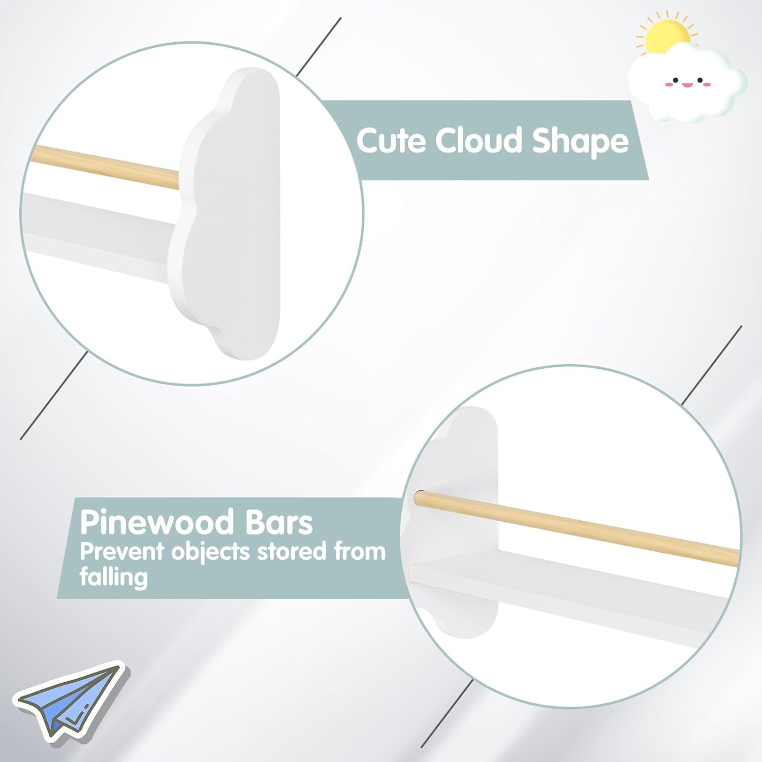 WOLTU Kids Cloud Shaped Wall Shelves Set of 3 White
