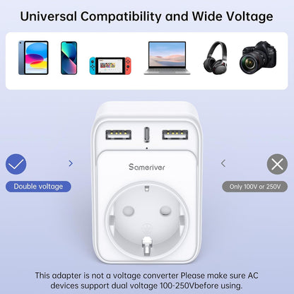 Sameriver Travel Adapter EU to India 4-in-1 Type D Plug with 2 USB-A and USB-C White