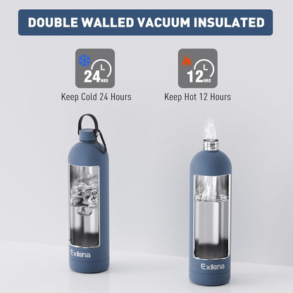 Exllena 1.5L Double-Wall Insulated Water Bottle with Carabiner