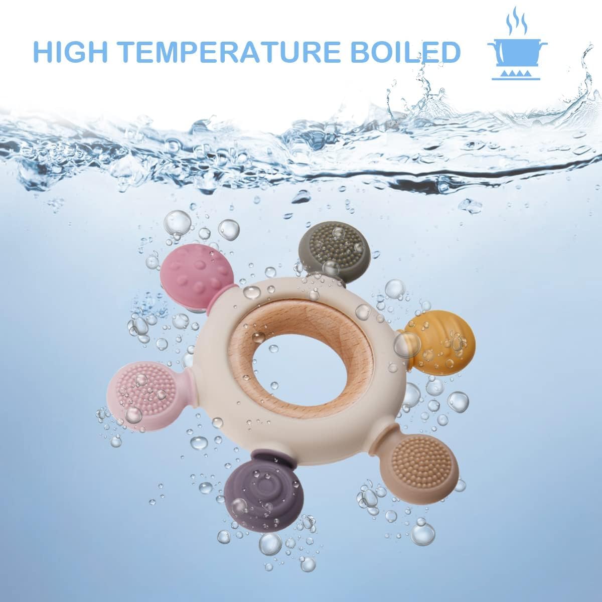 Vicloon Silicone Baby Teether Ring with Wooden Handle – Gray