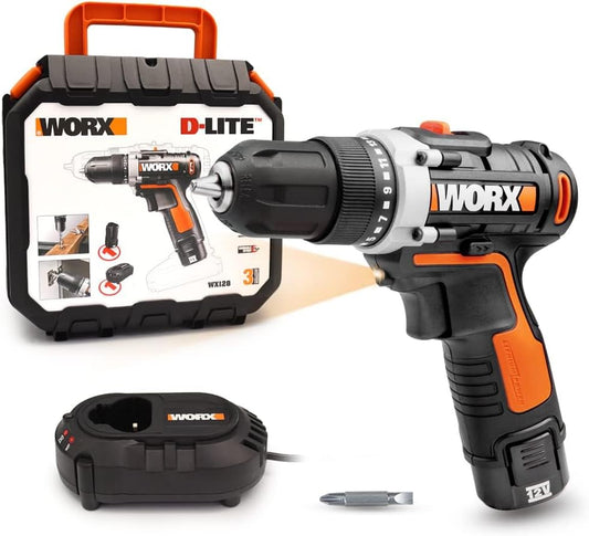 WORX WX128 12V Cordless Drill Driver Kit with 2-Speed & LED Light
