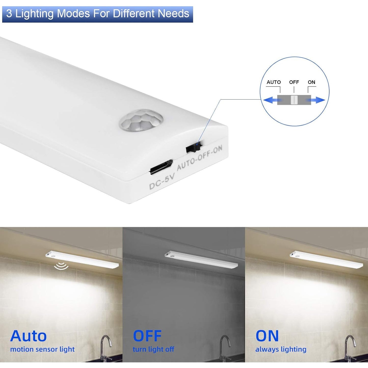 Vicloon 3-Pack 12-LED Motion Sensor Wireless USB Rechargeable Cabinet Lights